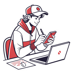 Poster - Young Man Using Stylus and Smartphone at Desk