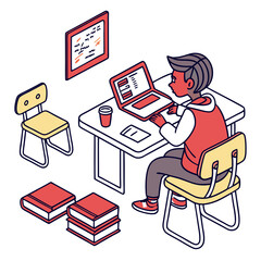 Poster - Young Student Working on Laptop at Desk with Books