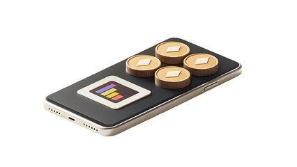 Poster - Smartphone displaying financial chart with gold coins isolated on a transparent background