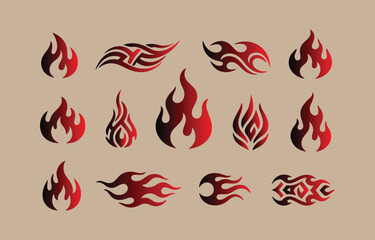 Poster - Collection of stylized flame and tribal fire designs in red and black gradient perfect for tattoos logos or graphic elements