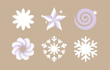 Poster - A collection of stylized winter icons including snowflakes a star and a floral shape in white and pastel purple against a neutral beige background