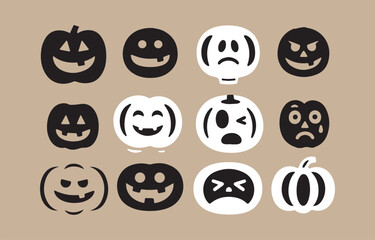 Poster - A collection of twelve unique black and white pumpkin faces with various expressions including happy sad angry and surprised displayed on a neutral beige background