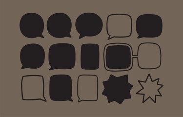 Poster - A collection of diverse black speech bubbles and thought bubbles with varied shapes and outlines on a muted brown background representing communication and ideas