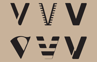 Poster - A collection of six abstract black letter v designs in various styles and interpretations on a neutral beige background showcasing creativity and design