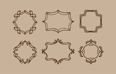 Poster - A collection of six decorative hand drawn ornamental frames and borders in a simple elegant dark brown line art style on a neutral beige background