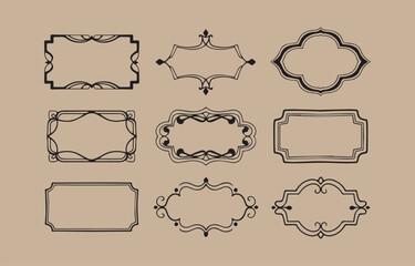 Poster - Collection of nine elegant black decorative ornamental frames and borders with vintage flourishes and ornate swirling designs on a muted beige background