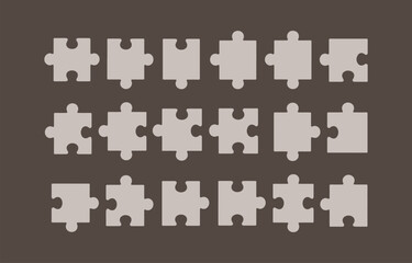 Poster - A collection of light gray puzzle pieces arranged in three rows against a dark brown background symbolizing connection and problem solving