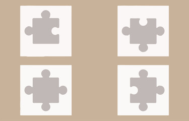 Poster - Four simple minimalist puzzle pieces are arranged in a two by two grid against a neutral beige background representing connection and completion