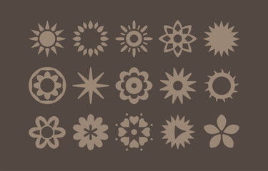Poster - A collection of stylized floral and sunburst motifs in a muted earthy tone arranged in a grid on a dark brown background perfect for decorative patterns and graphic design elements