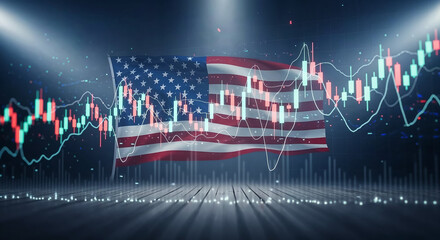 Aufkleber - American flag waving with stock market data showing growing trends