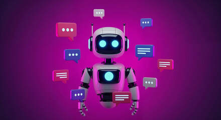 Poster - Friendly white chatbot receiving messages on purple background