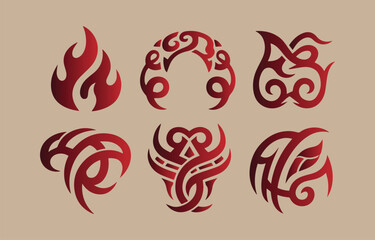 Aufkleber - Collection of six abstract tribal flame like designs in gradient red and dark red on a neutral beige background symbolizing power and passion