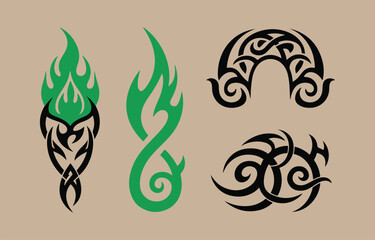 Aufkleber - Collection of four tribal tattoo designs featuring flame motifs and abstract swirling patterns in black and green on a neutral background