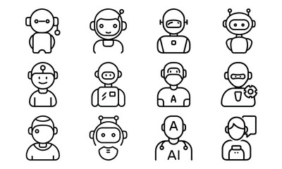 Poster - Minimalistic line art icons featuring various robots and artificial intelligence concepts