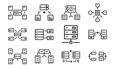 Fototapete - Set of black line icons illustrating database server and data transfer concepts