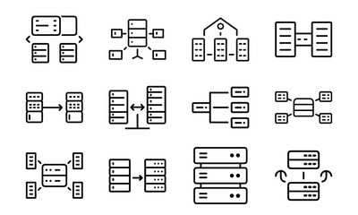 Fototapete - Set of minimalist black and white server icons representing data architecture and technology