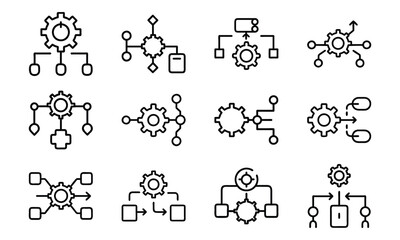 Aufkleber - Set of gear icons and connection diagrams illustrating process and workflow concepts