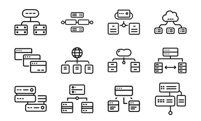 Fototapete - Set of black and white server icons illustrating network architectures and data storage