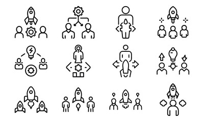 Poster - startup concepts and teamwork visualized through various icon illustrations and rocket symbols.