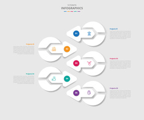 Poster - 5 points template infographic with big circle arrow opposite direction on stacked list with drop shadow style with four stage list information