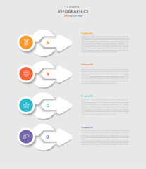 Poster - 4 points template infographic with circle arrow merge shape on stacked list with drop shadow style with four stage list information