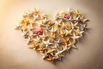 Poster - A heart shape formed by numerous folded paper stars and small floral accents on a neutral background