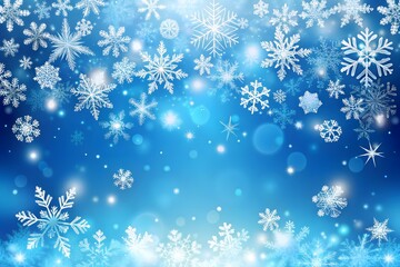 Poster - A beautiful winter scene with many intricate white snowflakes falling against a vibrant blue gradient background