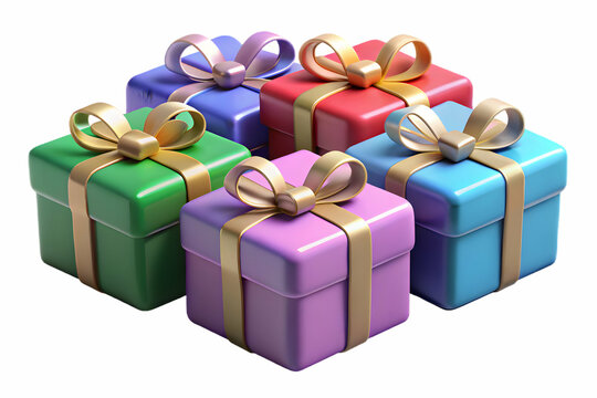 Five colorful gift boxes with gold ribbons isolated on transparent background