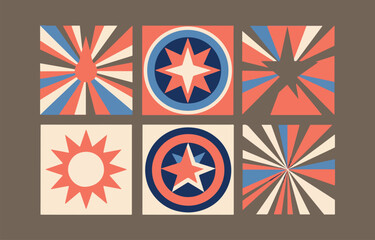 Poster - Geometric retro abstract patterns featuring stars and sunbursts in a vintage color palette of coral blue and cream on a brown background