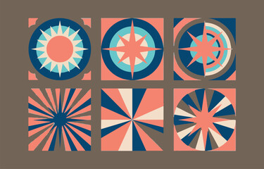 Poster - A collection of six geometric abstract designs featuring sunbursts and starburst patterns in coral blue and cream colors arranged in a grid on a brown background