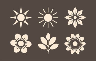 Poster - Set of six minimalist flat design icons featuring two stylized suns three floral elements and a sprig of leaves against a dark brown background