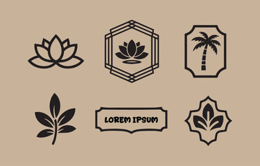 Poster - Collection of black minimalist graphic design elements including a lotus flower a palm tree in a frame a branch with leaves and decorative ornamental shapes on a beige background