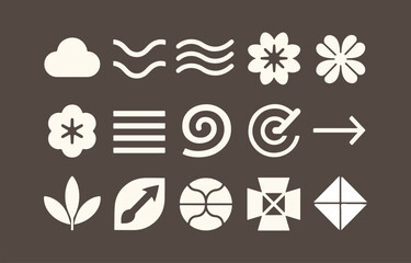 Poster - A collection of simple modern flat icons and symbols in beige on a dark brown background representing nature progress and abstract concepts