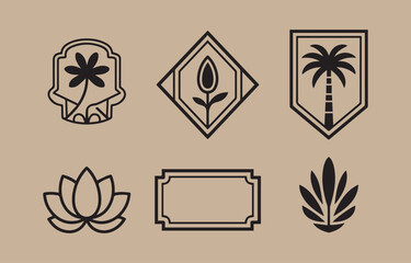 Poster - A collection of six minimalist black line art icons featuring botanical and decorative elements on a neutral beige background