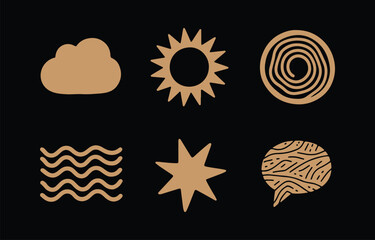 Poster - A collection of six abstract hand drawn style icons in a warm tan color against a solid black background representing nature and thought
