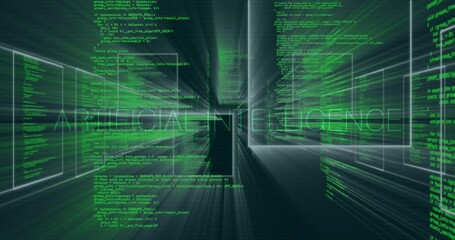 Poster - Opening tunnel, camera moving, code panels sliding, ARTIFICIAL INTELLIGENCE fading to show AI flow