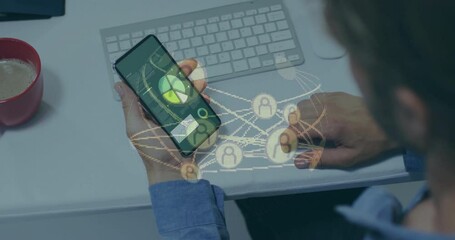 Poster - Network overlay fading over smartphone keyboard, office worker tapping screen for showing data flow