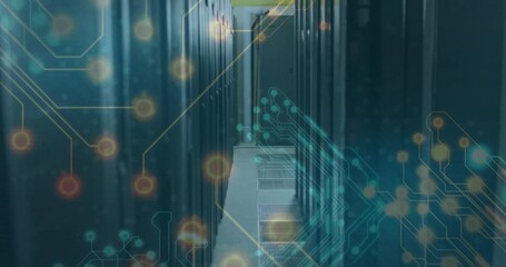 Poster - On startup circuitry overlay drifting and pulsing across server corridor to simulate data flow