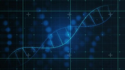 Poster - Neon-blue DNA helix emerging from right brightening and undulating over grid with data for analysis