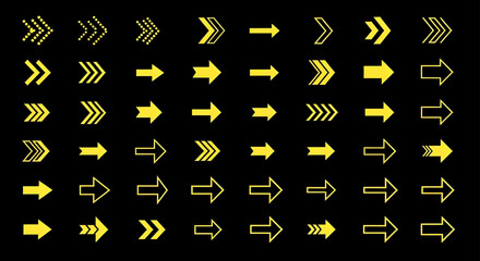 Poster - Assorted Directional Arrows in Yellow on Black Background | Vector Arrow Collection for Navigation, Graphic Design, and UI Elements