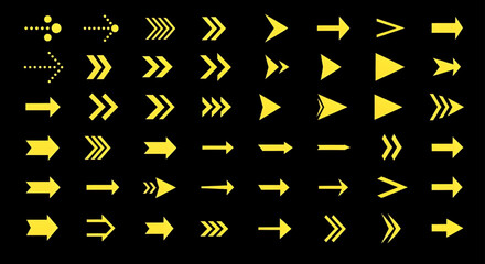 Poster - Yellow Arrow Icon Set on Black Background | Various Directional Symbols for Navigation, User Interface Design, and Infographics