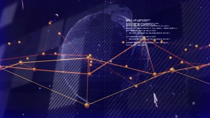 Poster - 3D digital globe fading in starting rotating web with pulsing nodes and code showing connectivity