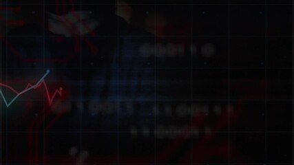 Poster - Grid opening, red-teal graphs fluctuating, professional emerging, binary flickering for data viz