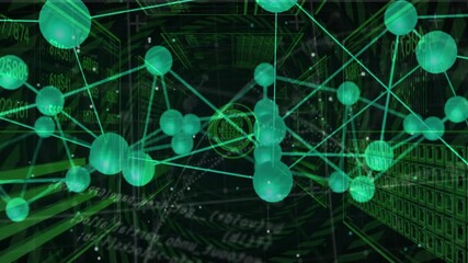 Poster - Entering data corridor, green spheres emerging rotating visualizing network against streaming codes