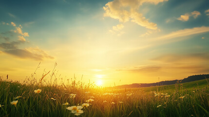 Wall Mural - green field and blue sky. field and clouds