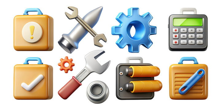 A collection of eight rendered icons depicting tools and toolboxes  on transparent background