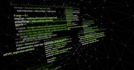 Poster - Green code fragments appearing at wireframe mesh and spiraling toward void representing data flow