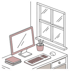 Poster - A minimalist isometric illustration of a desk setup featuring a computer monitor keyboard mouse stack of books and a pencil holder with pens next to a window