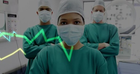 Poster - Camera pulling back revealing three surgeons standing before table monitoring vitals via ECG lines