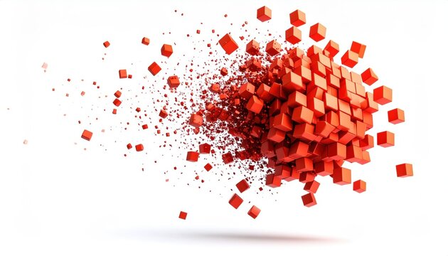 Abstract Red Cubes Explosion On White Background